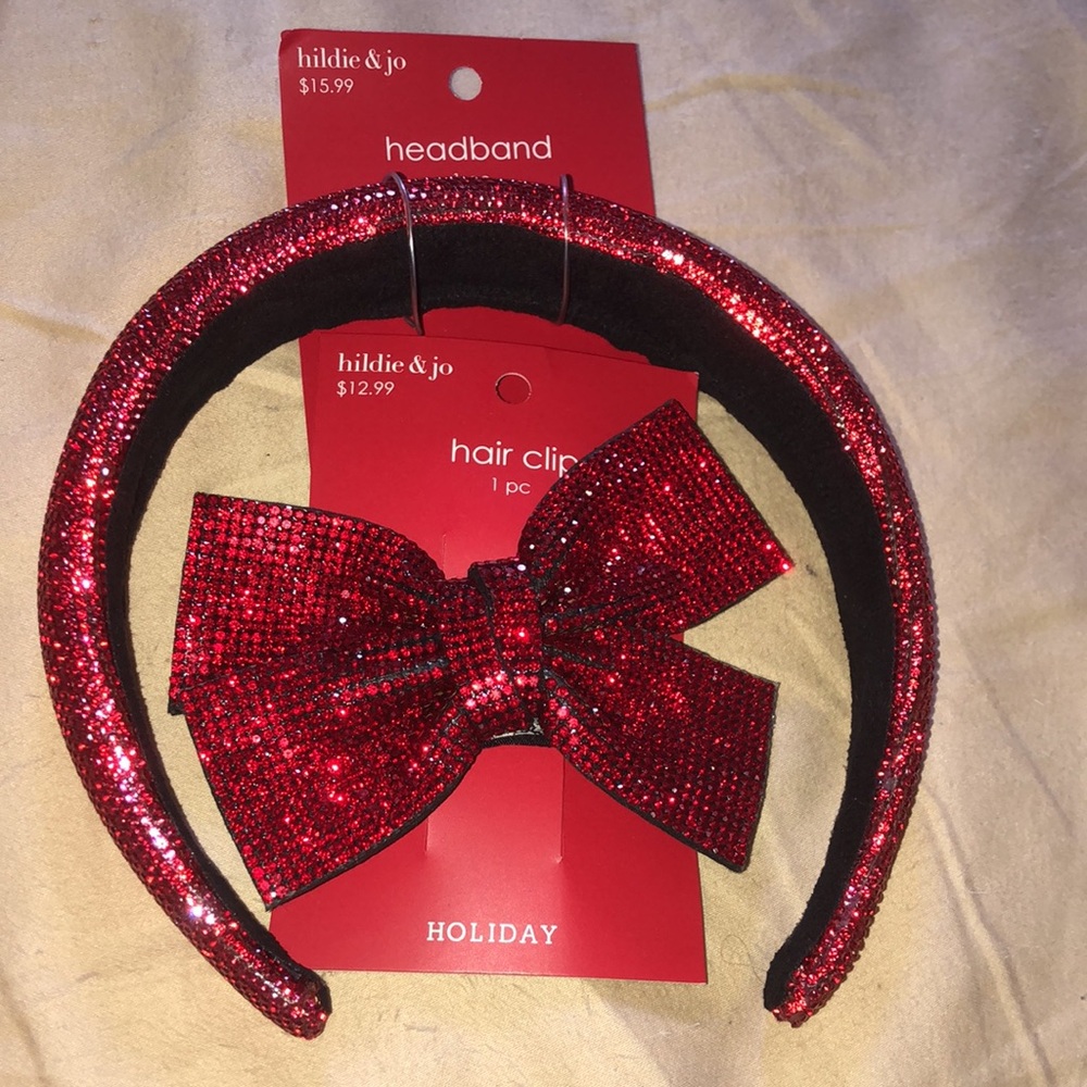 Hildie & Jo Ruby Red Rhinestone Classic Headband and Bow Set Holiday Collection